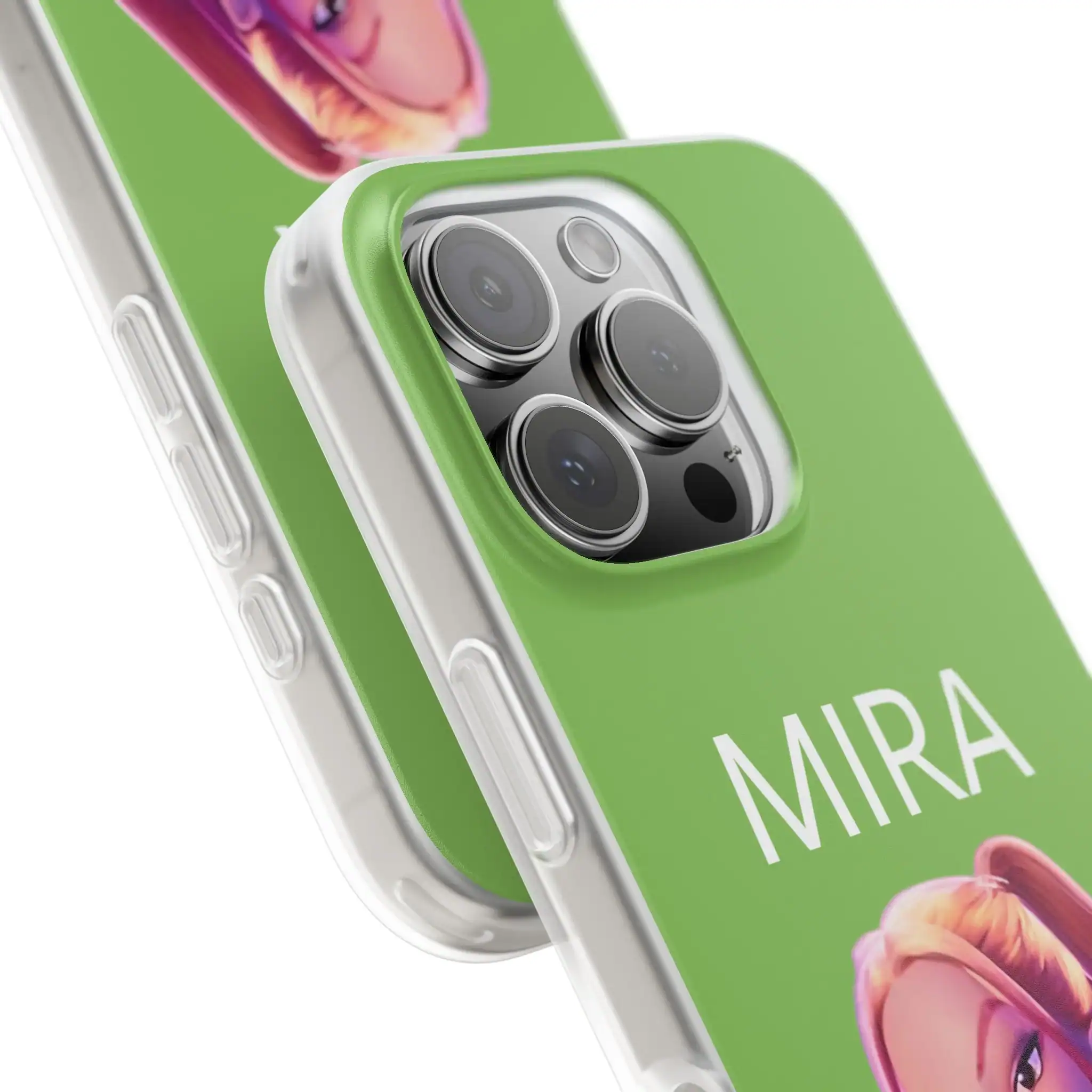 Mira-themed phone case with multiple camera lenses and a green background, featuring the name "MIRA" and a pink flower illustration, designed for Kpop demon hunters merchandise fans.