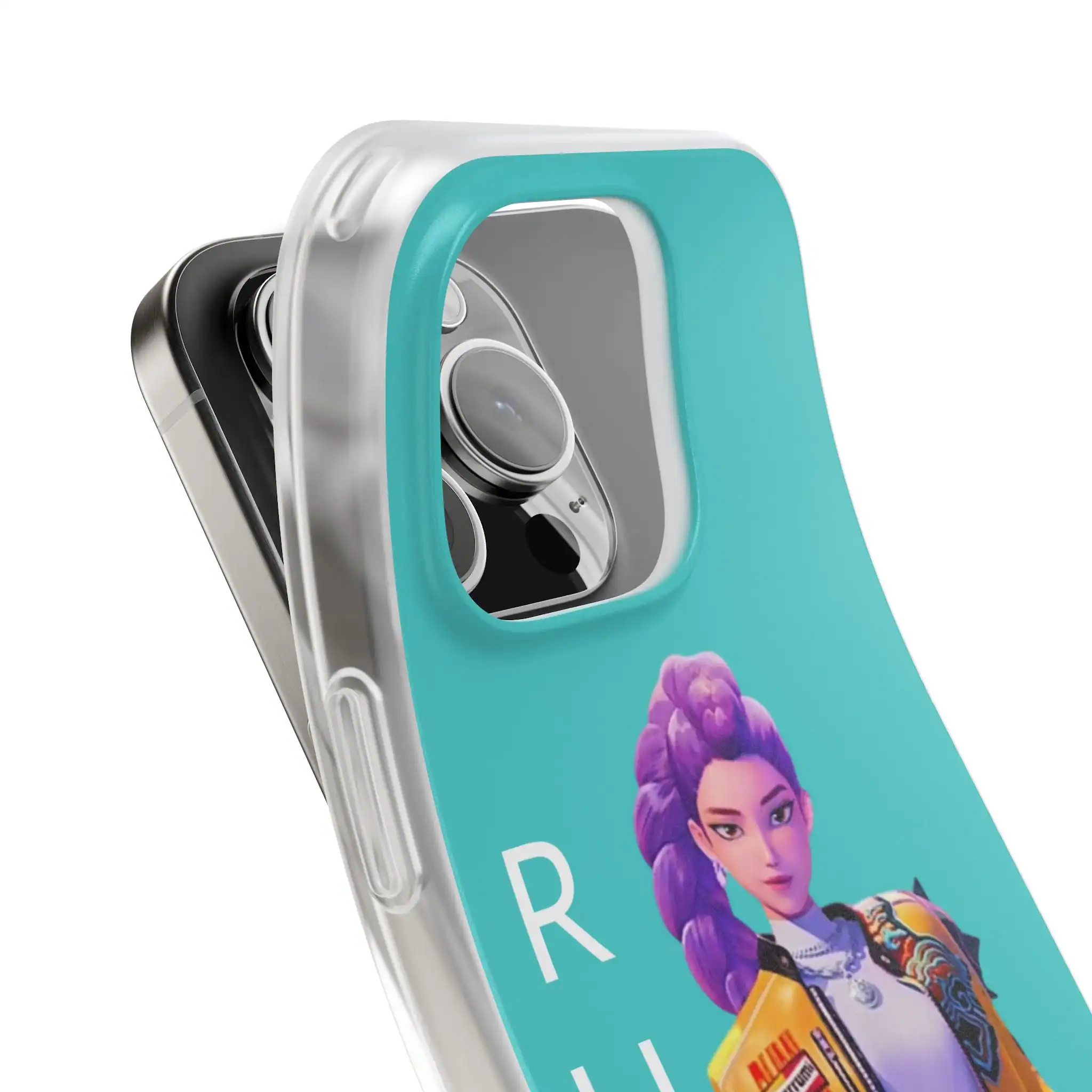 Vivid kpop demon hunters merch phone case featuring a vibrant illustration of a character with purple hair. Perfect for fans and collectors seeking unique, stylish accessories.