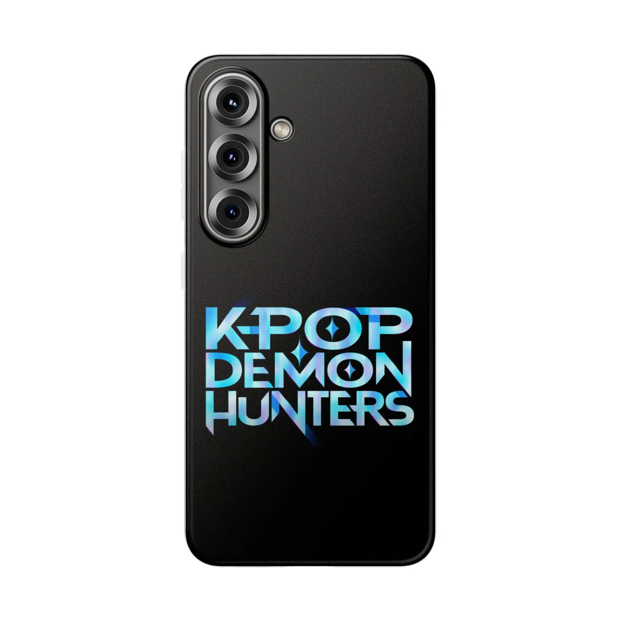 Kpop demon hunters phone case with holographic text design.