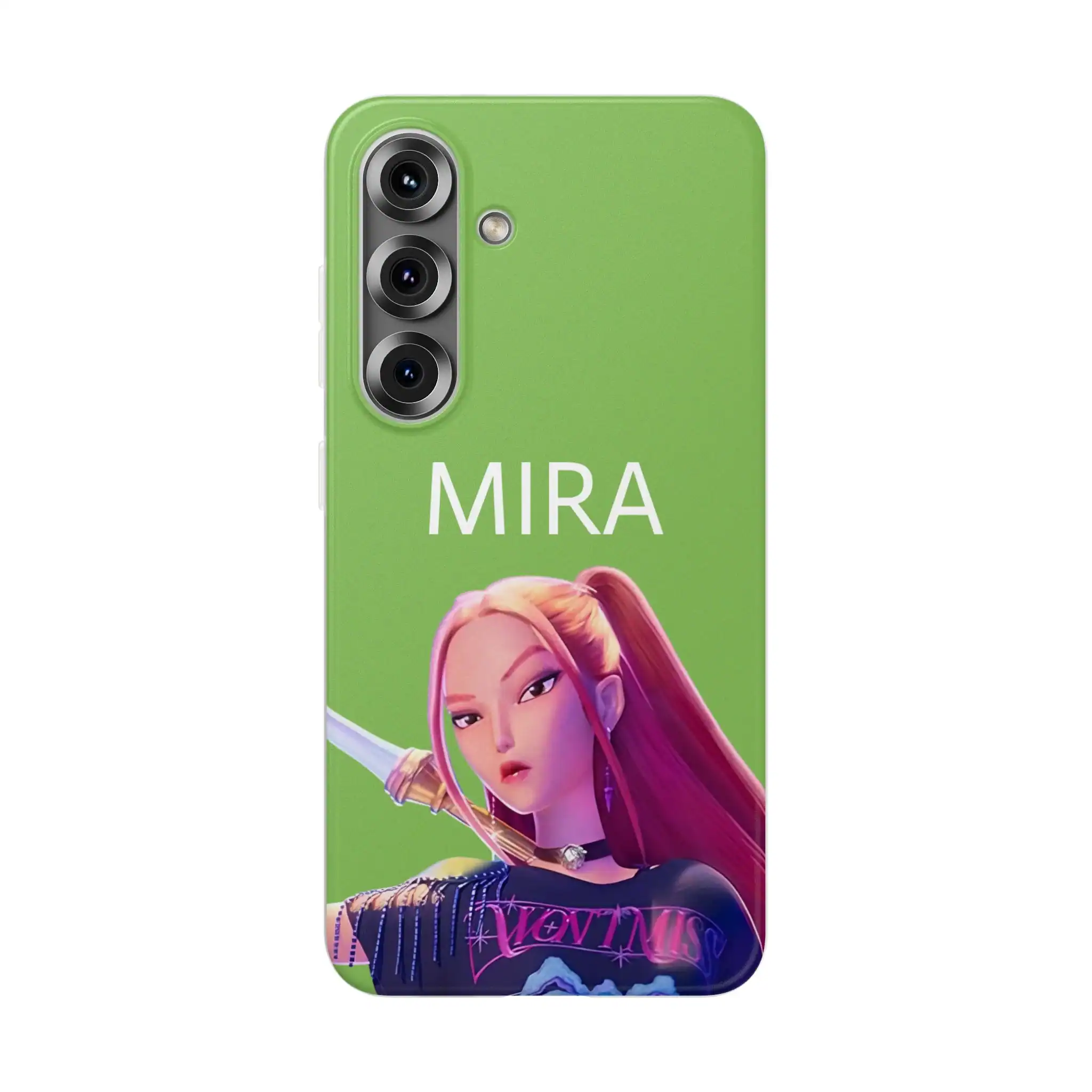 Bright green phone case featuring a character from the animated film Encanto and the name Mira, designed for Kpop demon hunters merchandise fans.