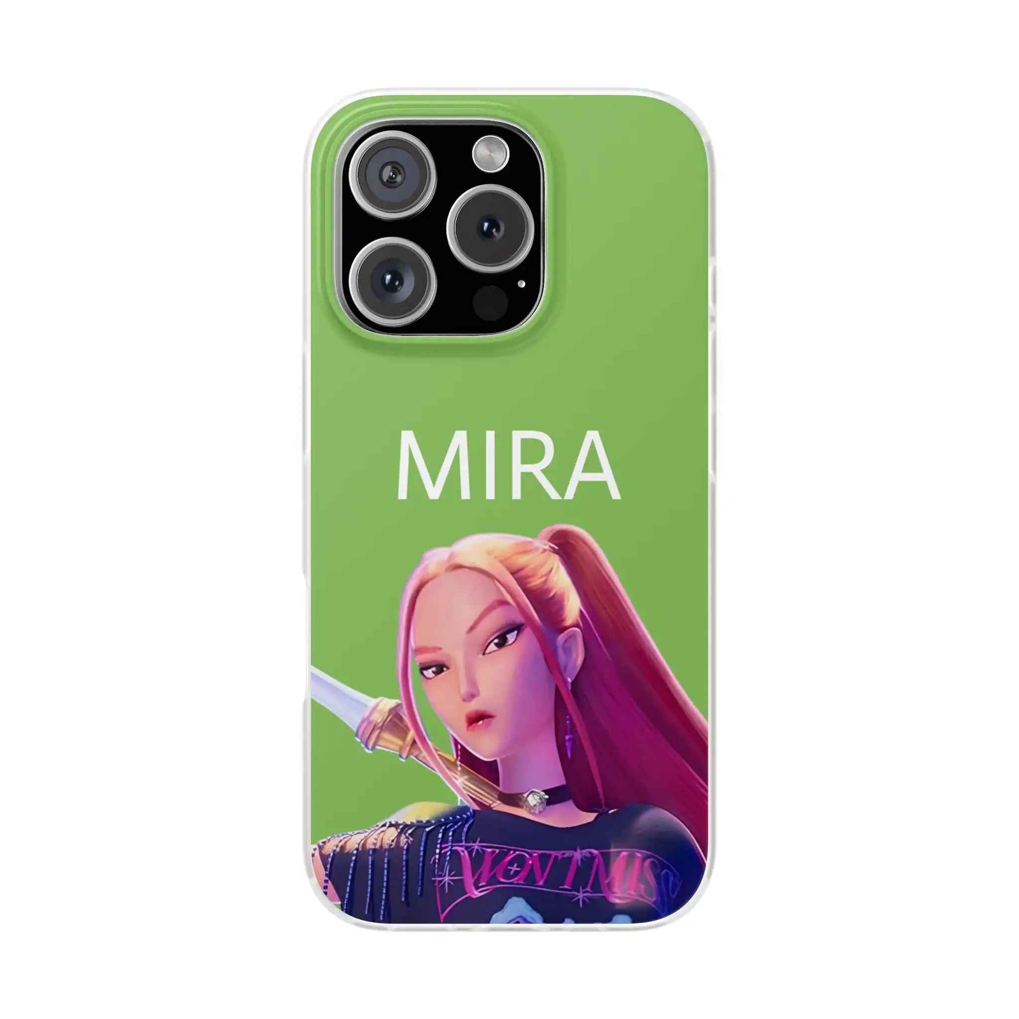 Super cute K-pop demon hunter themed merch phone case featuring Mira from animated series, with a vibrant green background and detailed character design. Perfect for fans of animated, K-pop, and demon hunter genres.