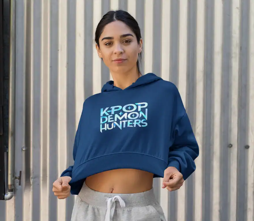 Kpop Demon Hunters merch hoodie featuring bold logo design, perfect for fans of Kpop and demon hunter fandoms. Comfortable and stylish, ideal for casual wear and fan gatherings.
