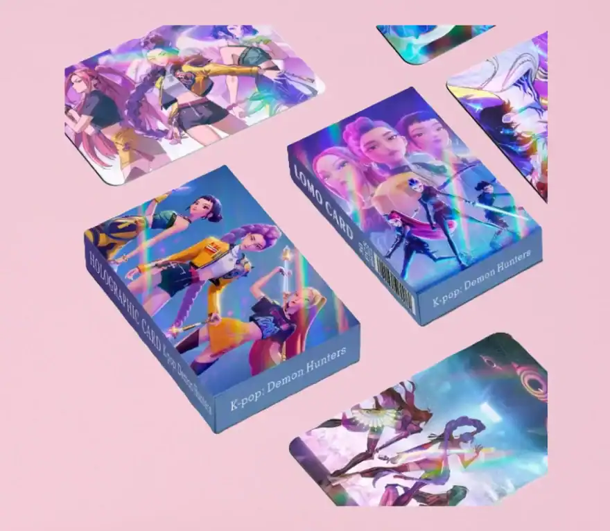Kpop demon hunters merch with vibrant, colorful illustrations of characters from the popular series on collectible cards and boxes.