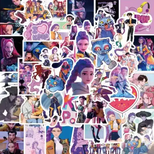 Kpop demon hunters merchandise sticker pack featuring characters and artwork from popular animated series, perfect for fans of K-pop and demon hunter themed collectibles.