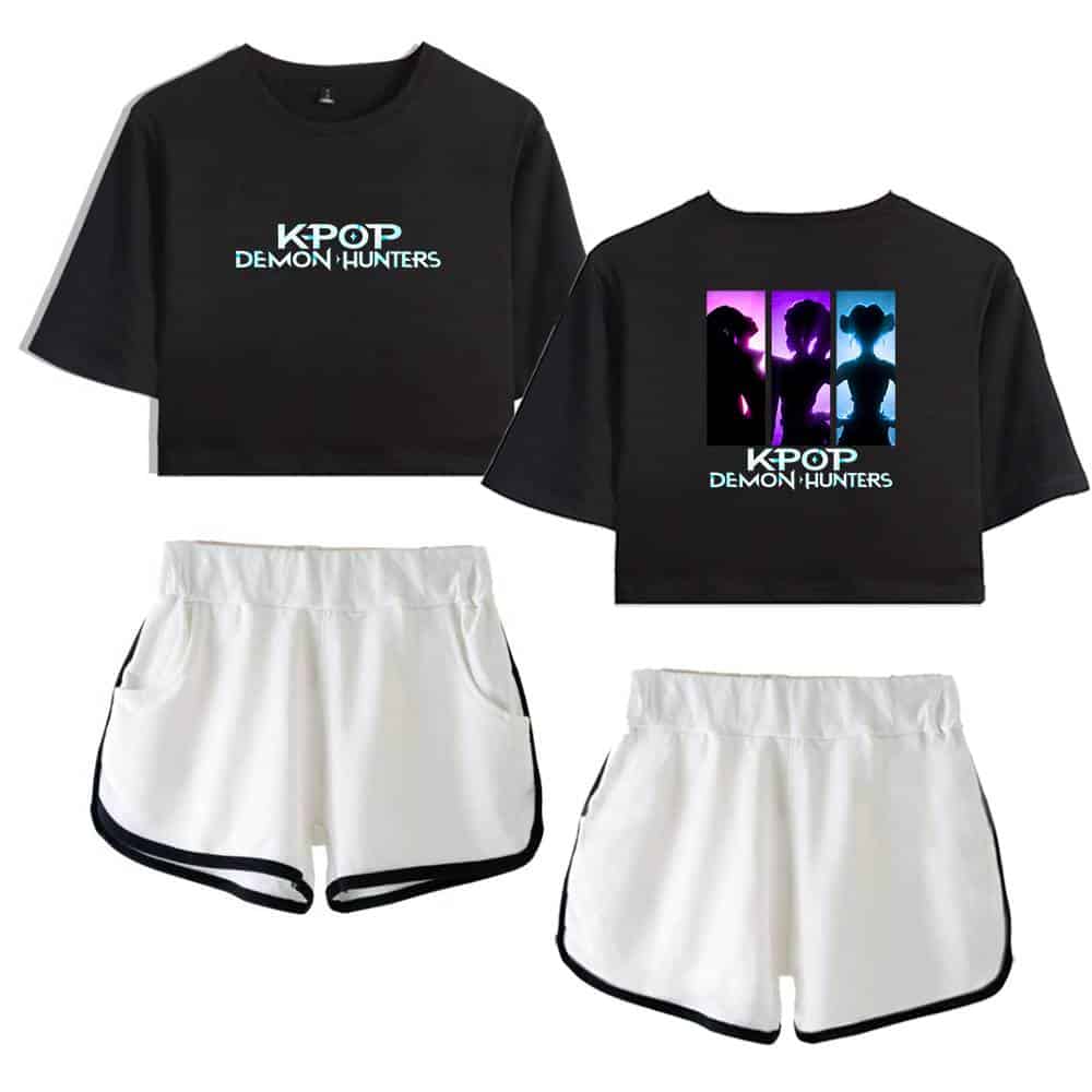 Kpop demon hunters merch crop top featuring silhouettes and glowing text.