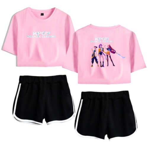 Kpop demon hunters crop top t-shirt with graphic design and black shorts with white piping, perfect for K-pop fan merchandise and casual wear.