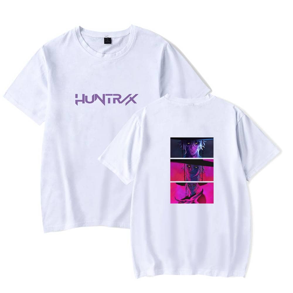 Vaporwave-inspired white T-shirt featuring "HUNTREX" text on the front and a stylized digital art of a demon hunter character on the back, blending K-pop aesthetic with supernatural themes.