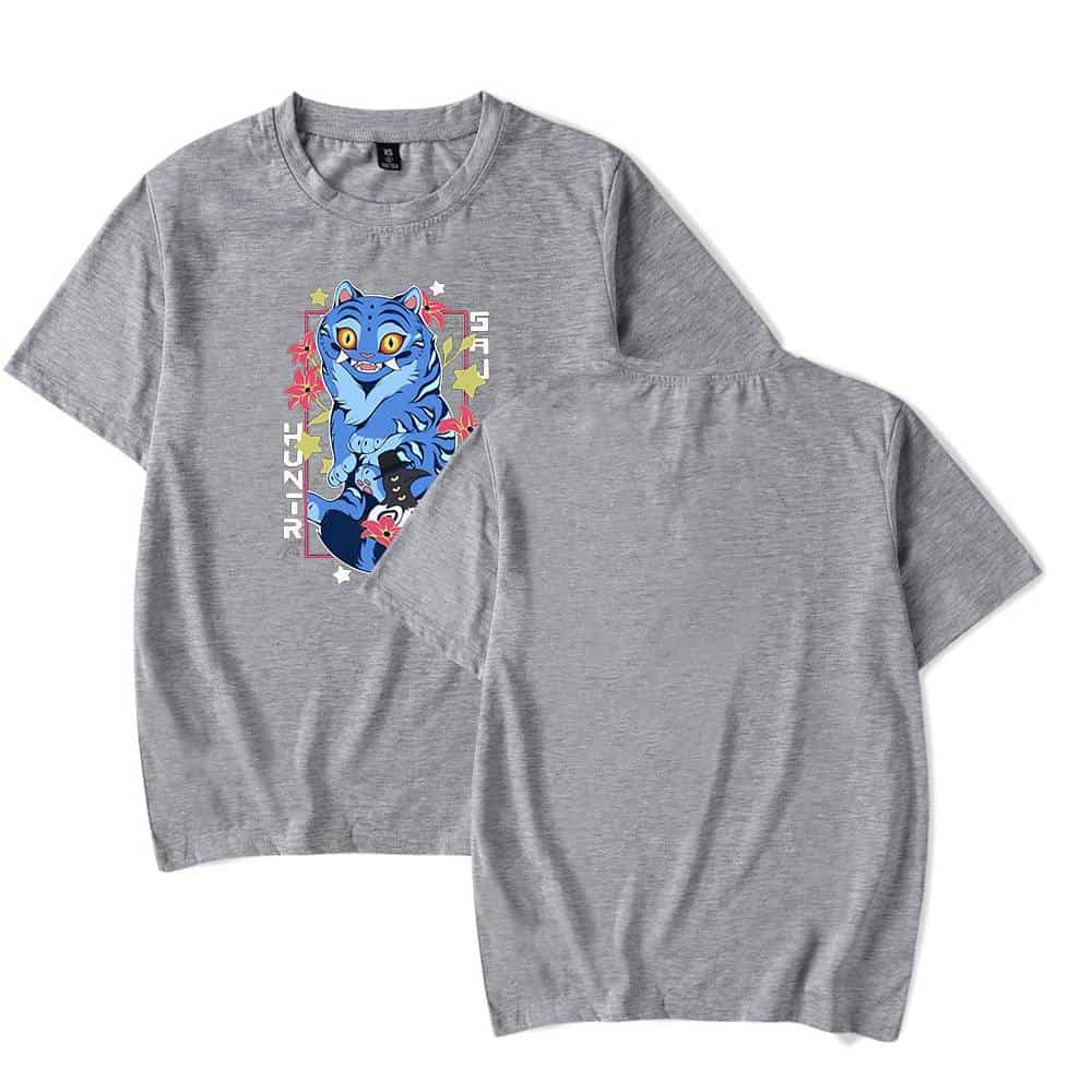Blue kpop demon hunters merch t-shirt with animated character design featuring a blue tiger and floral accents, perfect for fans of K-pop and demon hunter themes.