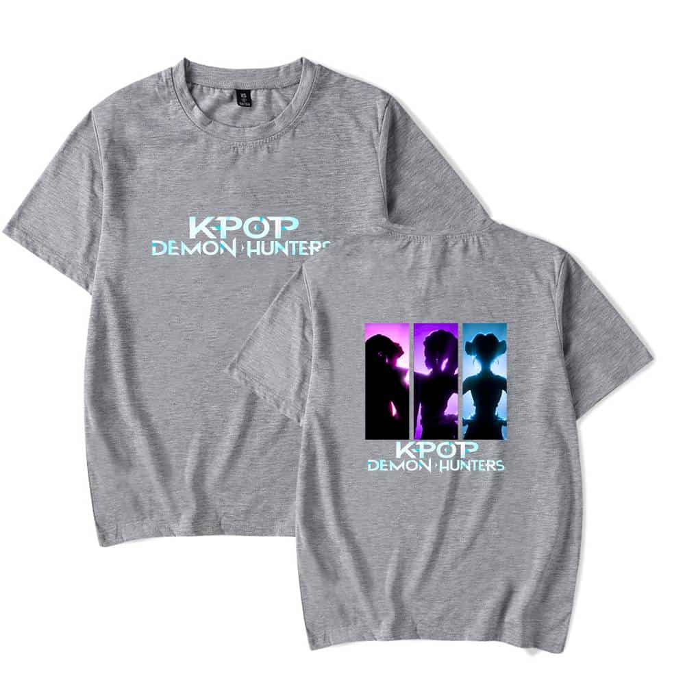 Kpop demon hunters t-shirt with silhouette graphic design and vibrant colors, perfect for fans of K-pop merchandise and demon hunter themes.