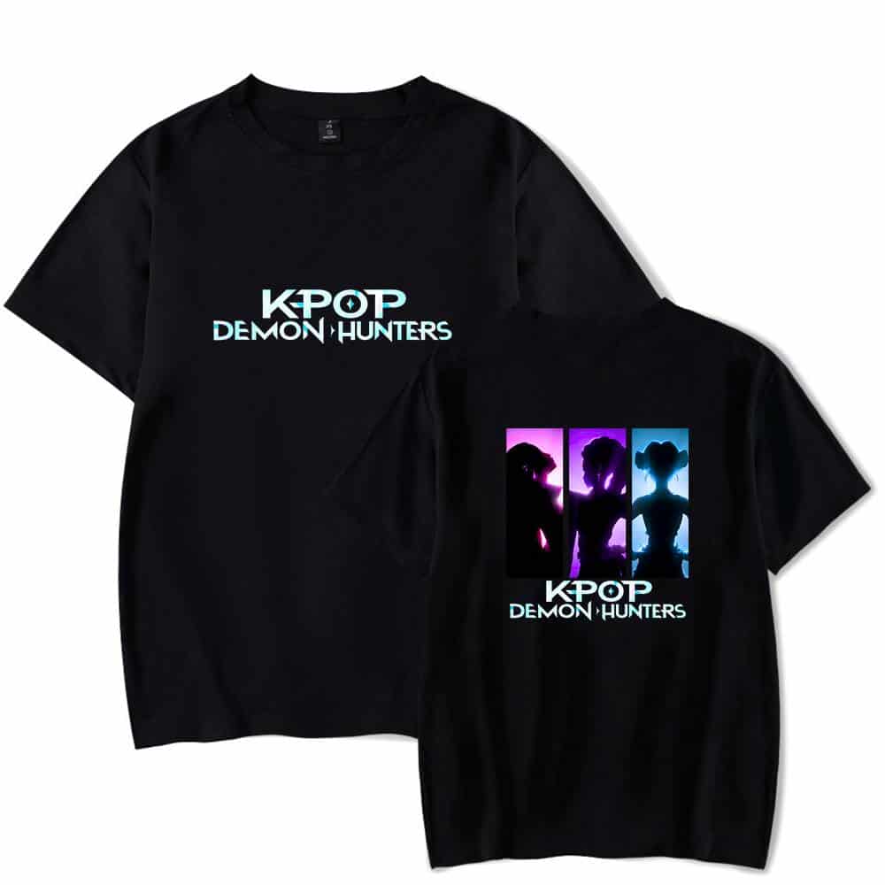 Kpop Demon Hunters merch t-shirts featuring artwork of silhouettes and vibrant neon colors, perfect for fans looking for stylish and themed K-pop fan apparel.