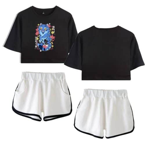 Black cropped t-shirt with colorful demon hunter illustration and Korean text, paired with white athletic shorts with black trim, anime-inspired Kpop Demon Hunters merch ensemble, trendy and stylish activewear.