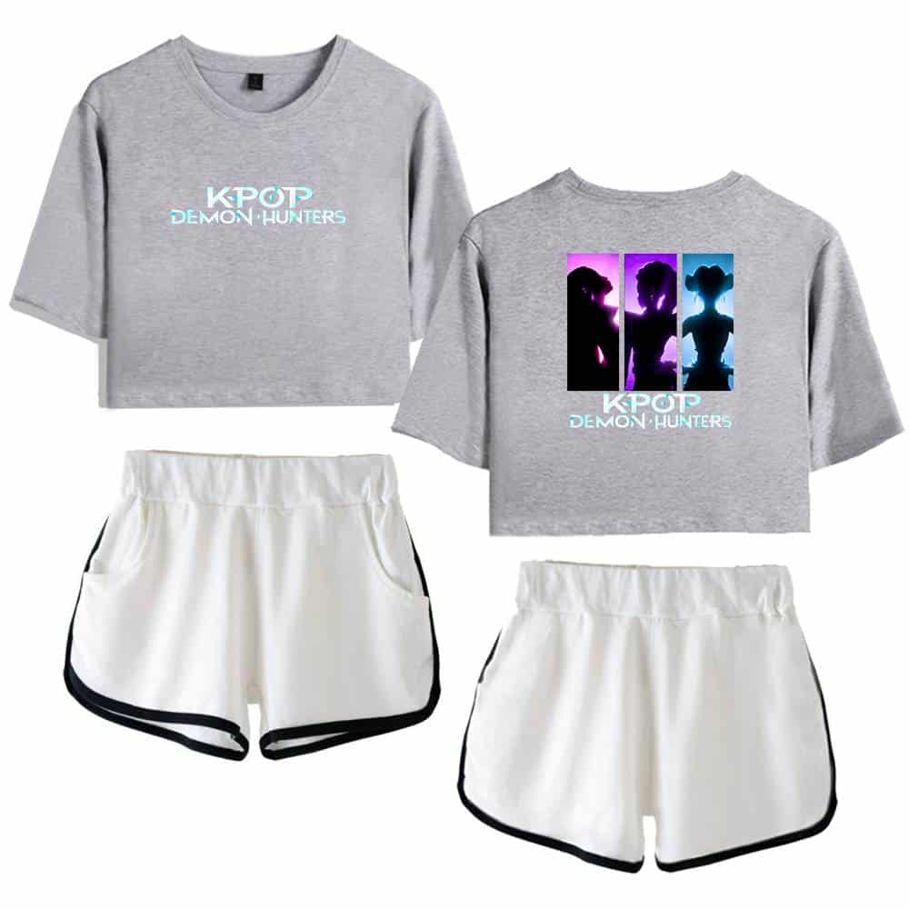 Kpop demon hunters graphic crop top sweatshirt and athletic shorts set.