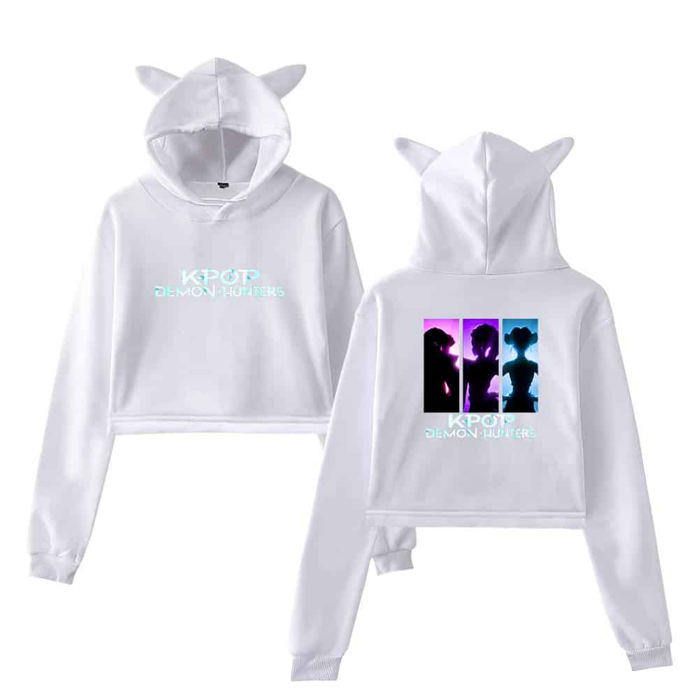 Kpop demon hunters merch hoodie with cat ears, white sweatshirt with neon graphic design featuring silhouettes of characters and text, trendy fan apparel for K-pop and Demon Hunters fans, wearable fandom merchandise.