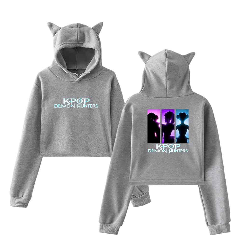 Kpop demon hunters hoodie set featuring silhouettes and vibrant colors, perfect for fans wanting unique themed merchandise.