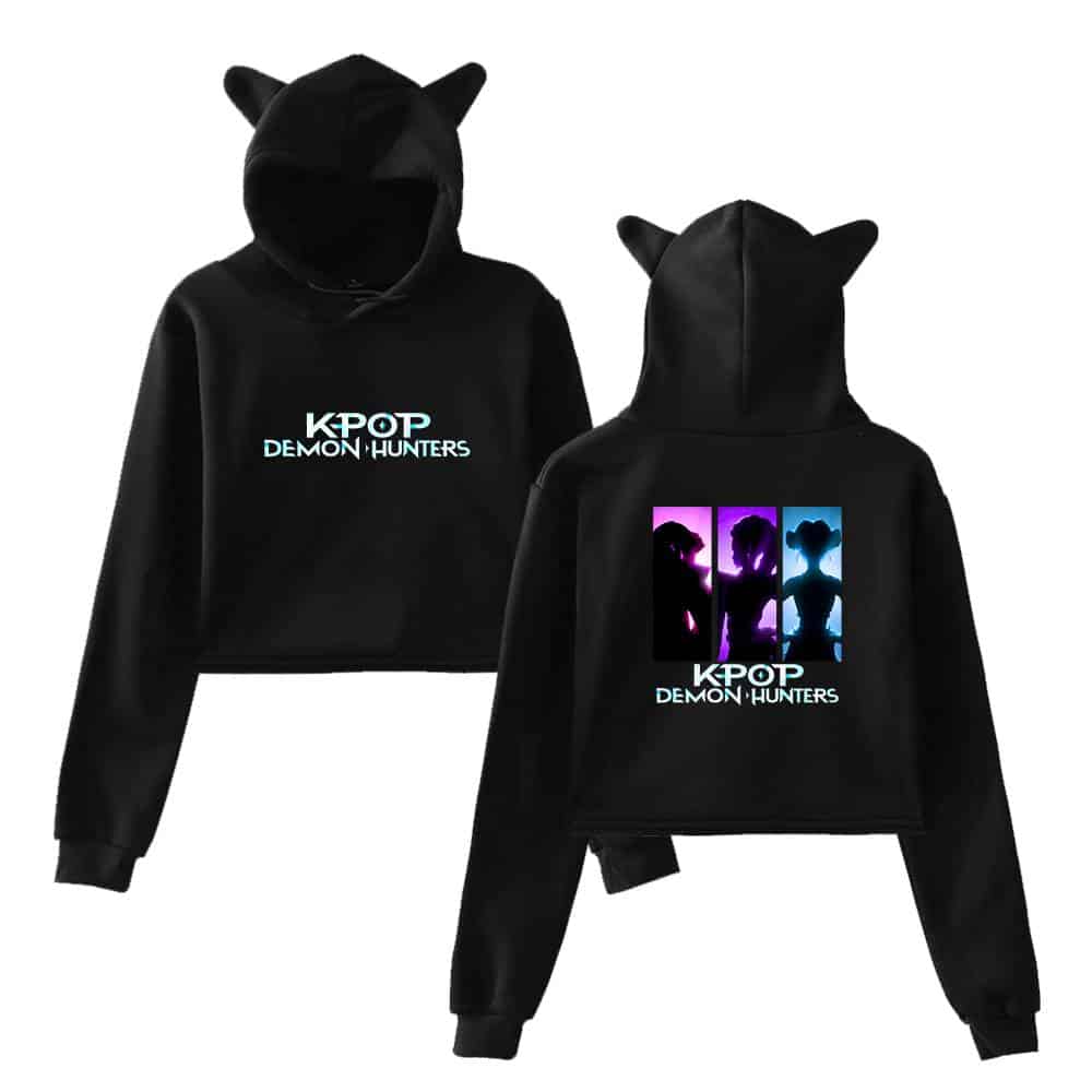 Black hoodie with KPOP DEMON HUNTERS logo and silhouette graphic, stylish and trendy, perfect for K-pop fans and demon hunter enthusiasts.