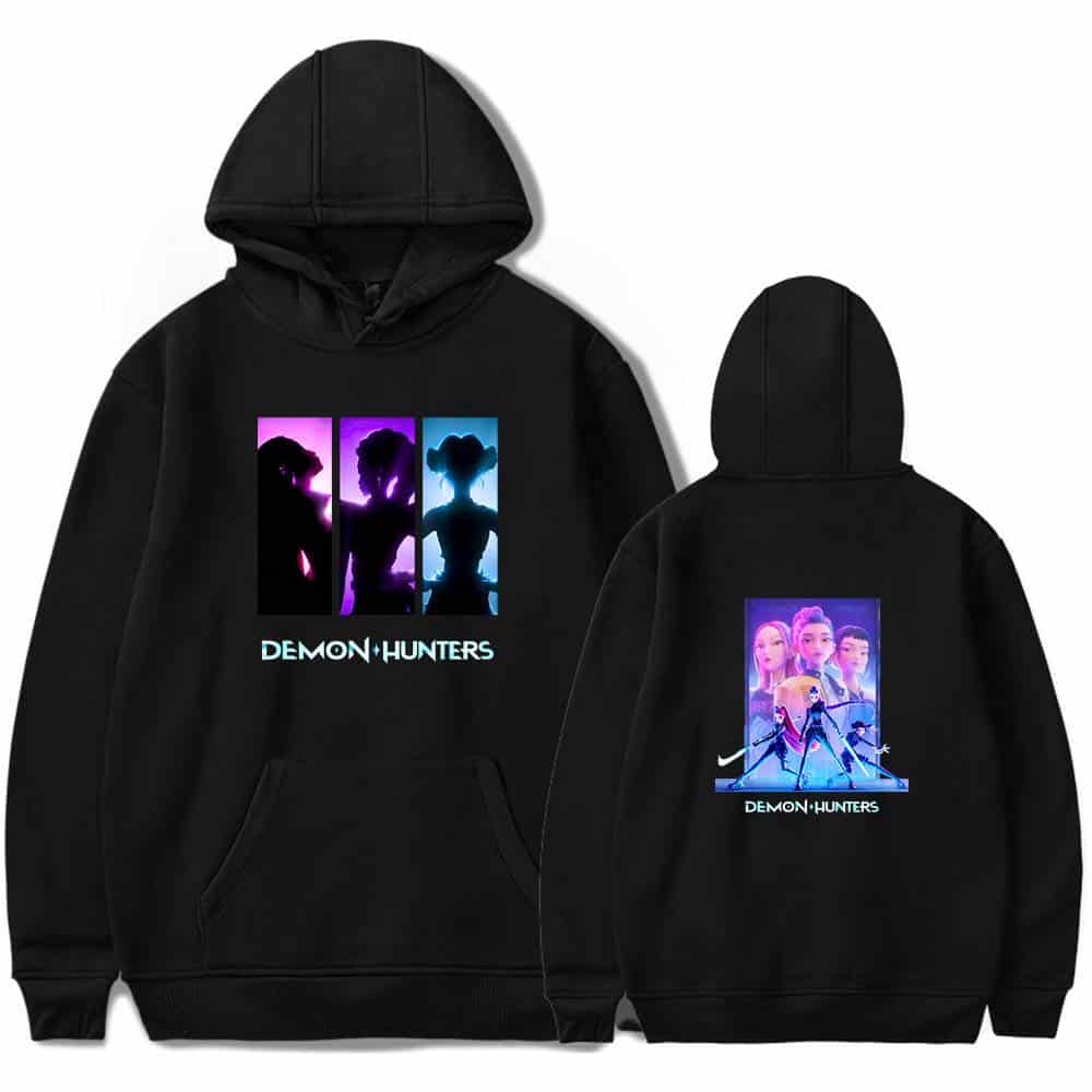 Demon Hunters K-pop merchandise hoodie featuring silhouettes and animated character designs from popular K-pop groups or themes. Perfect for fans wanting stylish, themed apparel.