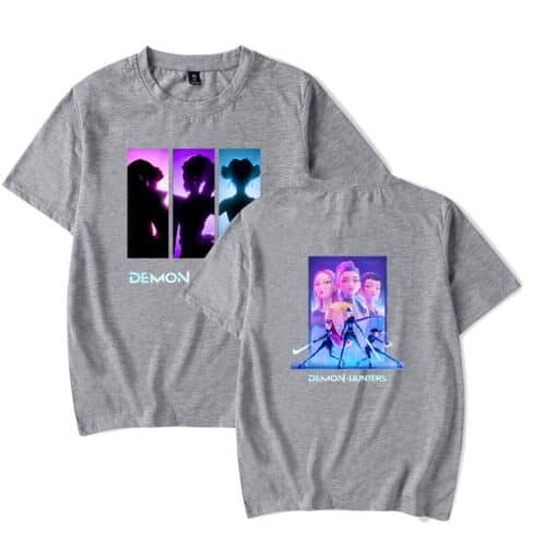 Silhouette of animated characters with neon lighting, featuring "Demon Hunters" text on a gray T-shirt, blending K-pop and gaming aesthetics for fans of both genres.