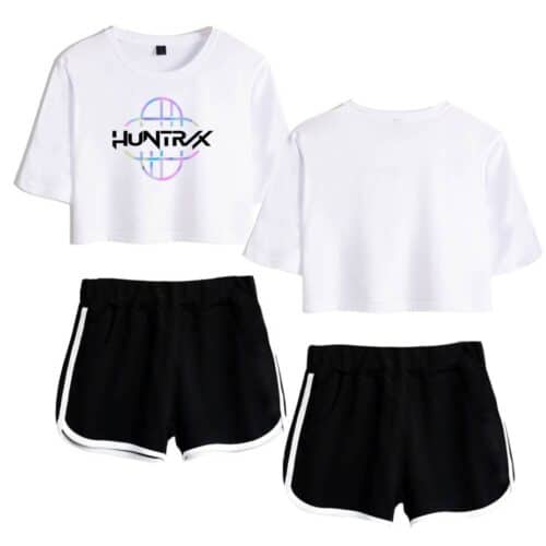 IHUNTRX Kpop Demon Hunters merch crop top and shorts set, stylish and trendy fashion for Kpop fans, featuring bold logo graphics and comfortable fit for everyday wear.