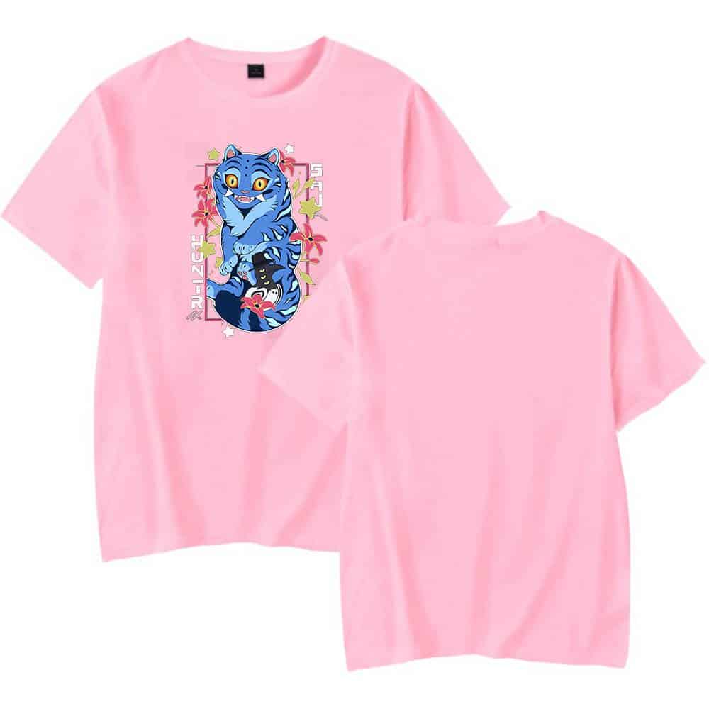 Blue cartoon tiger with pink flowers, stars, and text design, women's pink graphic t-shirt for K-pop demon hunter fans.