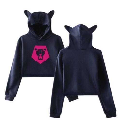 Black hoodie with pink lion demon hunter graphic, featuring cat ear hood design, perfect for Kpop fans and cosplay.