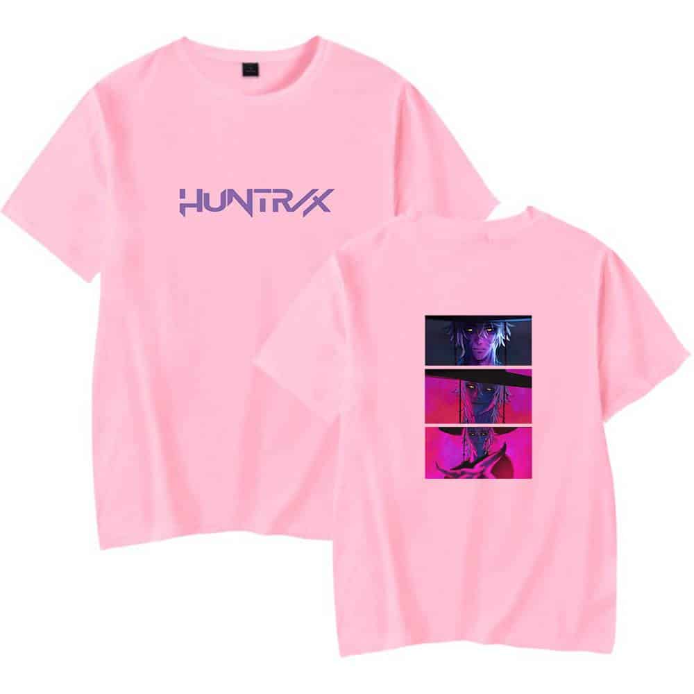 HUNTRX Kpop demon hunters merchandise pink graphic t-shirt with anime-inspired design and bold logo print. Perfect for fans of occult themes and stylish Kpop fanwear.
