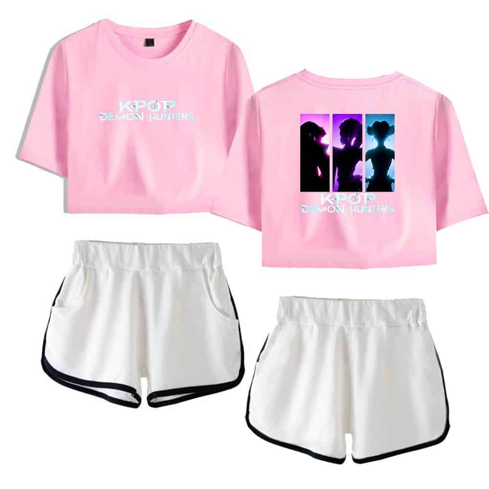 Kpop demon hunters merch pink cropped t-shirt with silhouette design and white athletic shorts. perfect for K-pop fans who love demon hunters themed apparel. stylish, comfortable, and trendy.