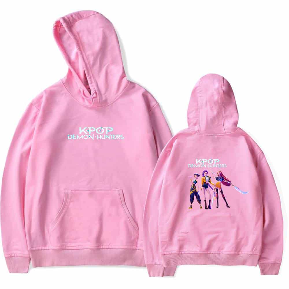 Kpop demon hunters merch hoodie with colorful character design on the back and logo on the front in pastel pink.