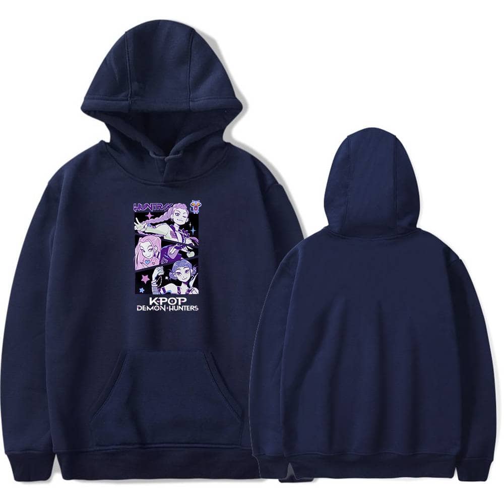 Hoodie featuring Kpop Demon Hunters artwork with animated characters and vibrant purple accents. Perfect for fans of Kpop and demon hunter themed merchandise.