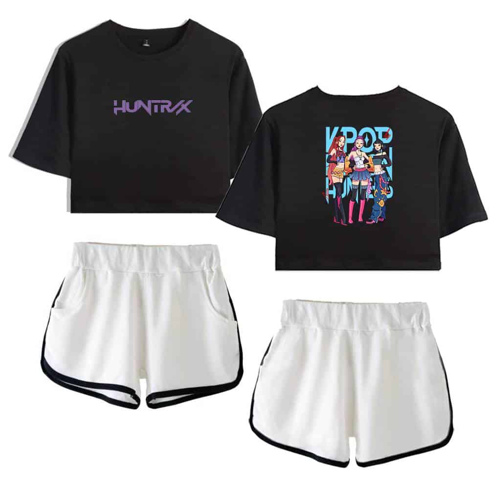 Huntx and Kpop Demon Hunters graphic crop tops paired with white athletic shorts, perfect for fans of Kpop and demonic hunter themes. Stylish, comfortable, and ideal for casual wear or cosplay.