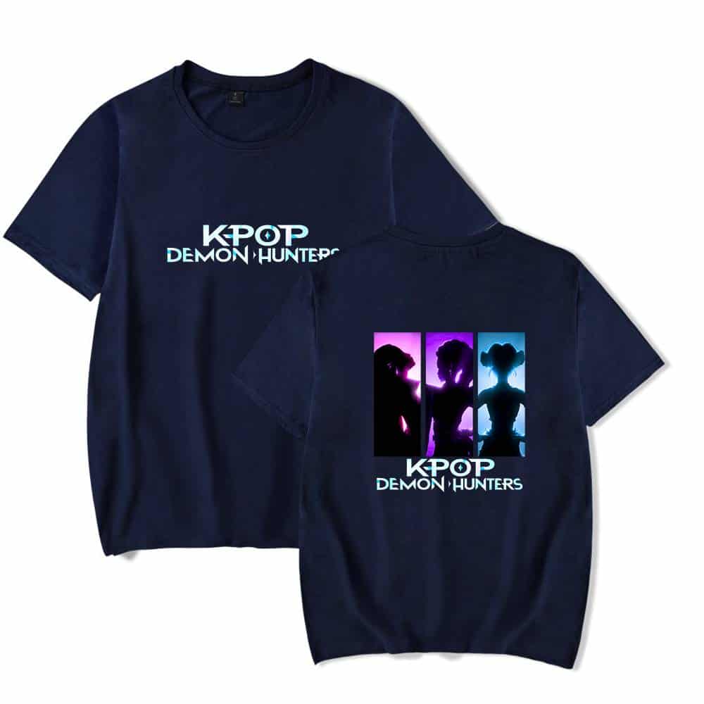 Kpop demon hunters merchandise, stylish graphic t-shirts showcasing K-pop demon hunters theme, vibrant designs with silhouettes, perfect for fans, casual wear, high-quality fabric, trendy fan apparel.