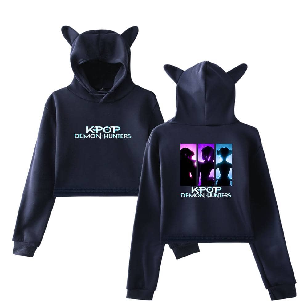 Kpop Demon Hunters hoodie with cute animal ears, featuring vibrant anime-style graphics and logo design for fans of Kpop, demon hunters, and cute streetwear fashion.