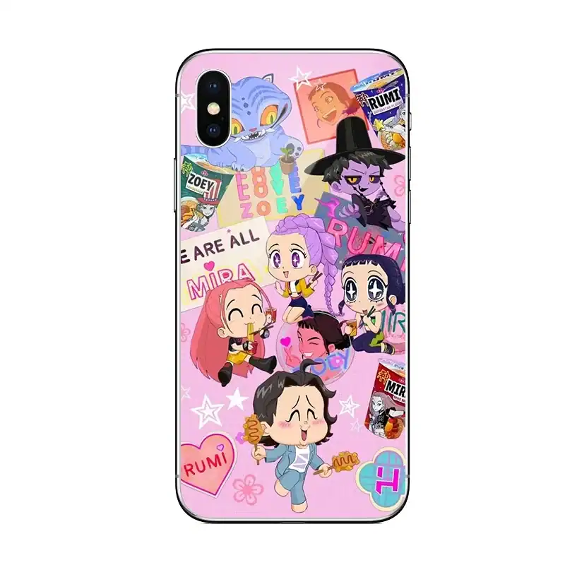 Colorful K-pop demon hunters merch phone case featuring cute chibi-style characters, stickers, and vibrant designs for fans of the genre. Perfect for showcasing fandom and style.
