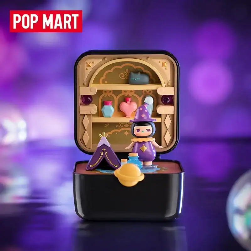 Pop mart magic girl figure with accessories and shelf, cute collectible toy for fans of K-pop and demon hunter merchandise, limited edition pop mart merch, kawaii collectible art toy.