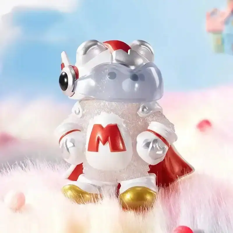 Mushroom demon hunter plush toy with a cape and red "M" logo, perfect for K-pop demon hunters merch fans.