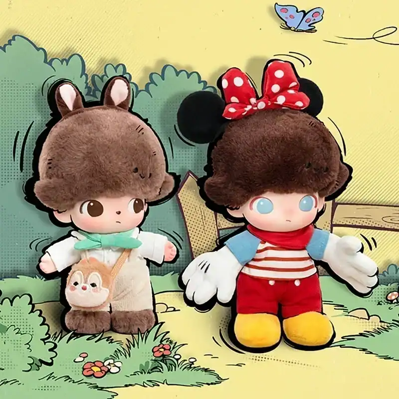 Cute plush toys inspired by Disney's Mickey and Minnie Mouse with K-pop demon hunter merch design.