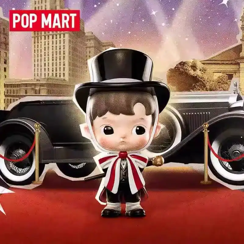 Pop Mart Kpop demon hunters merch collectible figure on red carpet with vintage car in background.