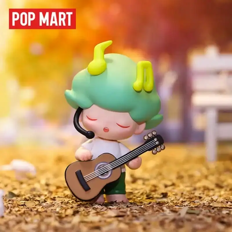 Cute kpop demon hunters merchandise figure with a guitar toy, collectible anime-inspired character, adorable chibi demon hunter figure, pop mart stylized toy for fans.