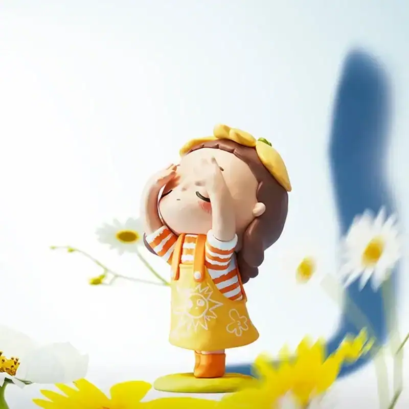 Cute illustrated girl figurine with a sunflower crown, wearing a yellow dress and orange striped shirt, surrounded by daisies, representing Kpop demon hunters merch theme.