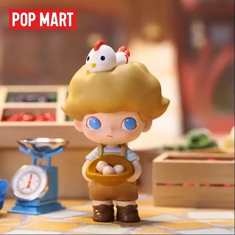 Cute chibi-style doll with big blue eyes holding a basket of eggs, featuring a chicken on its head, in a colorful shop setting.