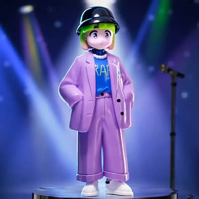 Colorful cartoon character wearing purple suit and black helmet on stage with microphone in background.